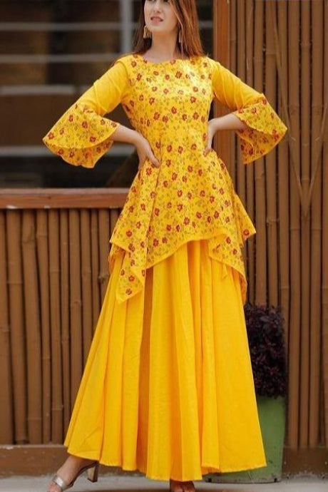 Festival Wear Yellow Color Digital Printed Pure Satin Silk Yellow Kurti Plazzo