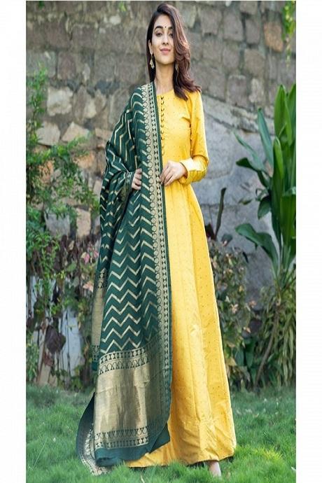 Yellow Color Printed Salwar Suit with Nazneen Dupatta