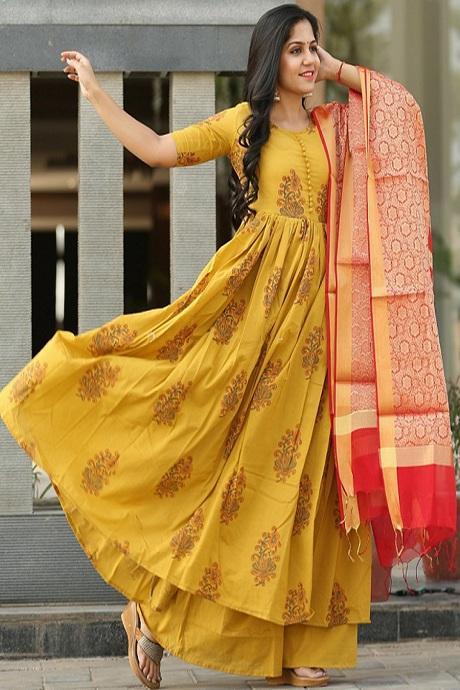 Trendy yellow Color Salwar Heavy Salwar Neck Designs Suits