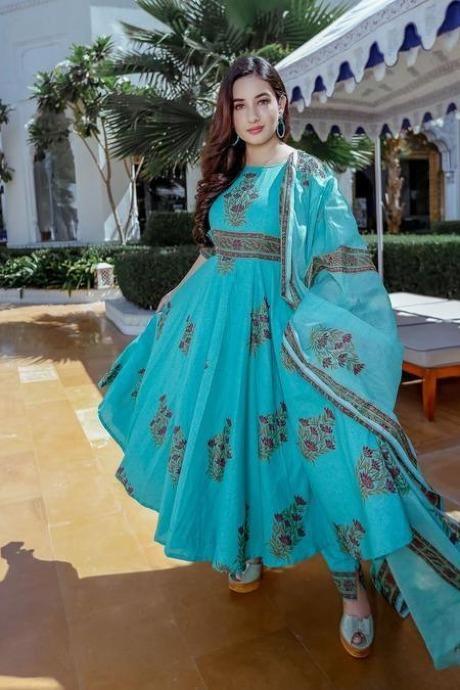 Hand Heavy Sky Blue Color Printed Kurti and Plazoo In Low Price