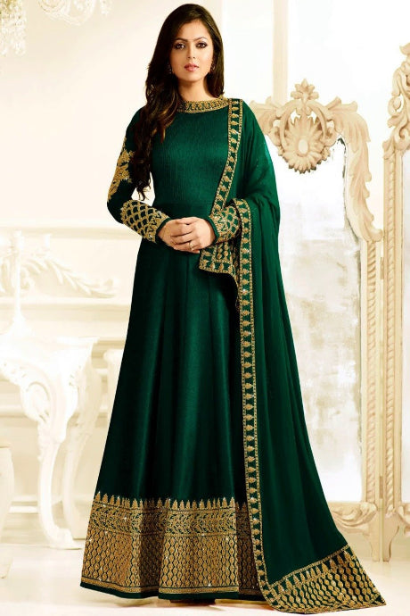 Bottle Green Color Embroidery Work Salwar Suits Designs
