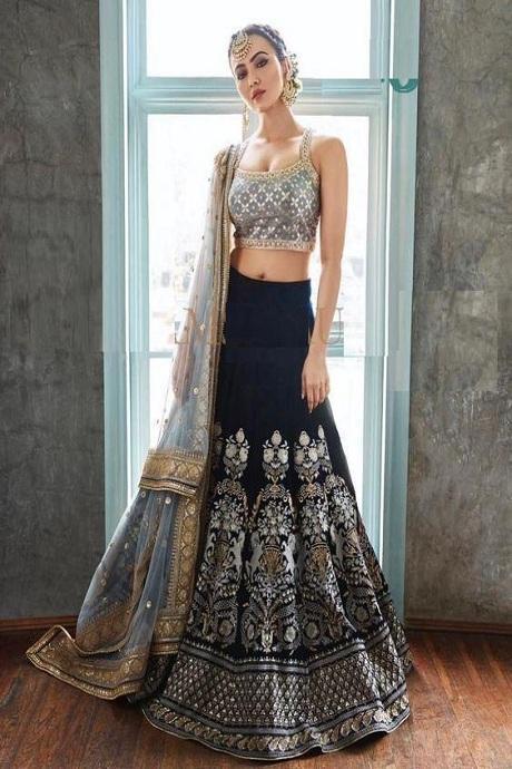 Dark Blue Color Velvet Embroidery Lehenga Choli For Women