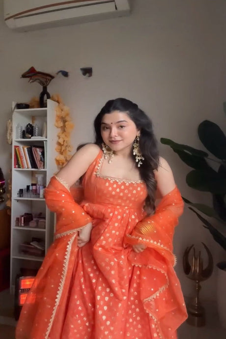 Designer orange Color Thread Work Party Wear Gown Design