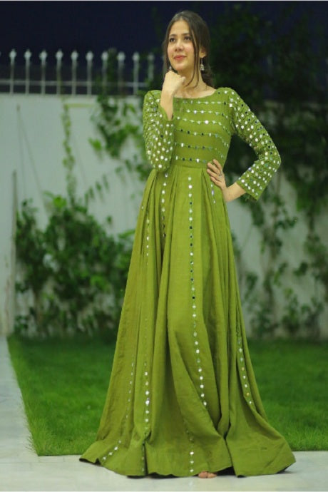 Beautiful Mirror Green Anarkali Designer Gown For Women