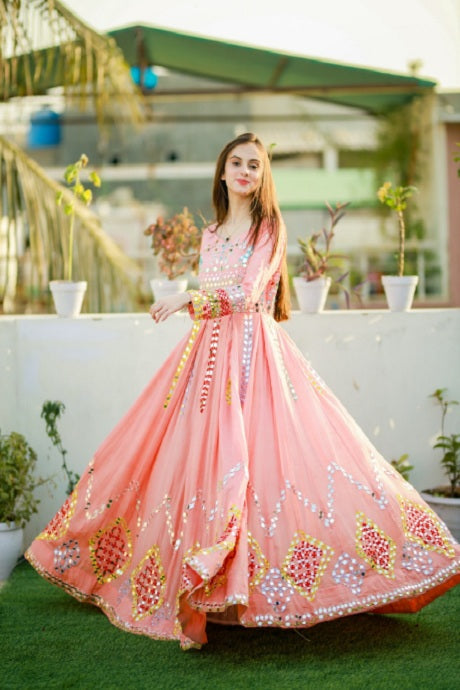 Multi Mirror Work Fancy Pink Gown Online In Lowest Rate