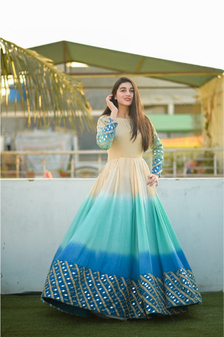 Beautiful 3D Printed Two Tone Anarkali Gown For Girls