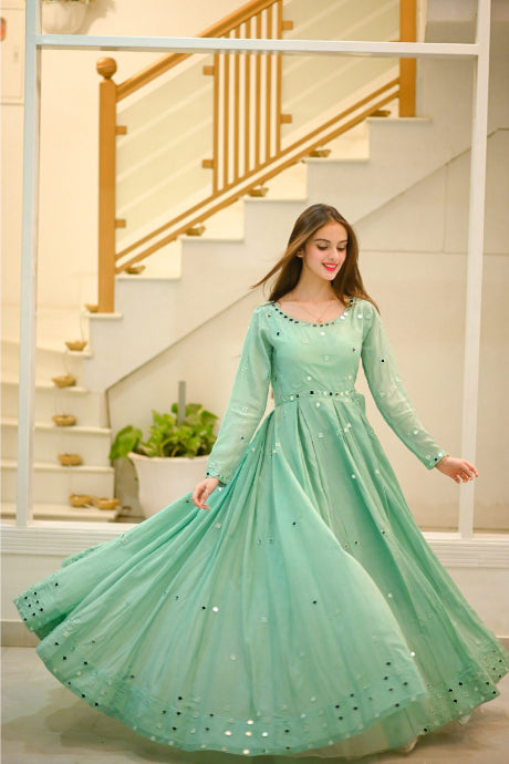 Light Firozi Heavy Mirror Designer Gown Online Collection