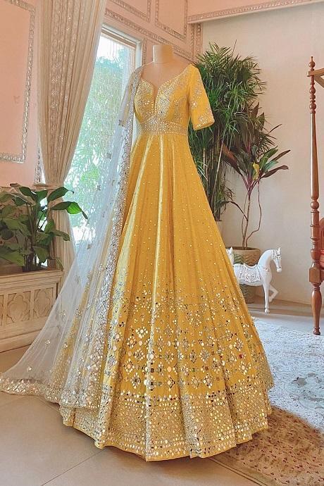 yellow color Beatific Designer Fancy Golden Embroidery Work Lehenga Choli For Bride