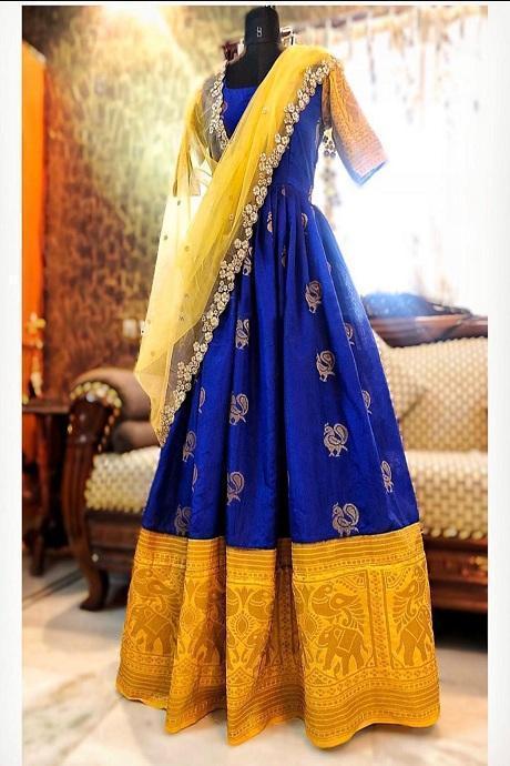 R Blue Color Anarkali Flared South Silk Gown Collection 2021