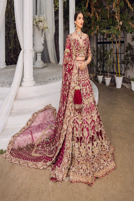 Alluring Dark Red Color Shihing Embroidery Work Lehenga Gown Designs