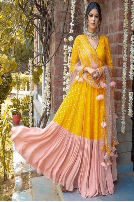 Attractive Yellow Color Designer Heavy Work Gown