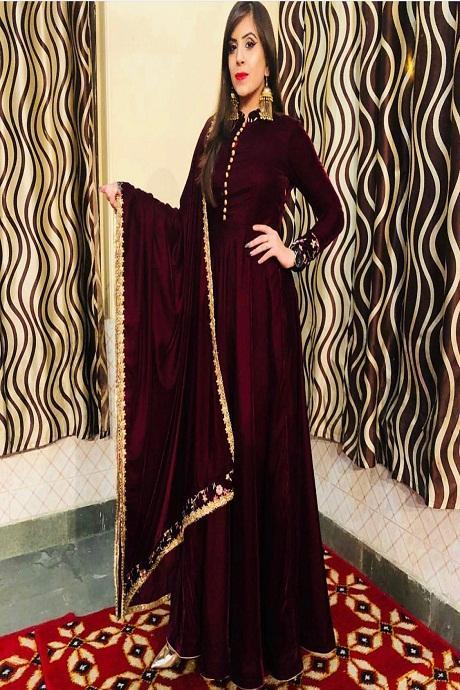Maroon Color Beautiful Designer Party Wear Velvet Gown