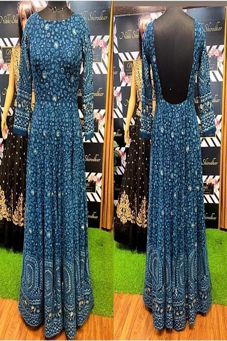 Stylish Dark Firoji Color Heavy Embroidery Work Designer Gown