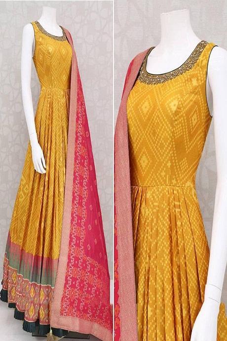 Blooming Yellow Color Pure Jequard Printed Designer Gown