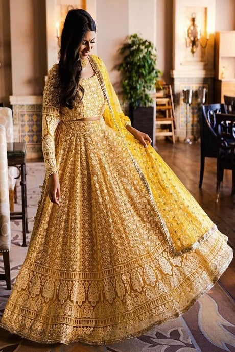 Celestial Yellow Colored Designer Tapeta Chiken Work Lehenga Choli