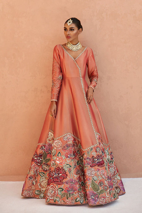 Hand Work Latest Designer Peach Color Silk Gown Designs