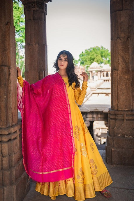 Blazing Yellow Color Attractive Designer Party Wear Gown