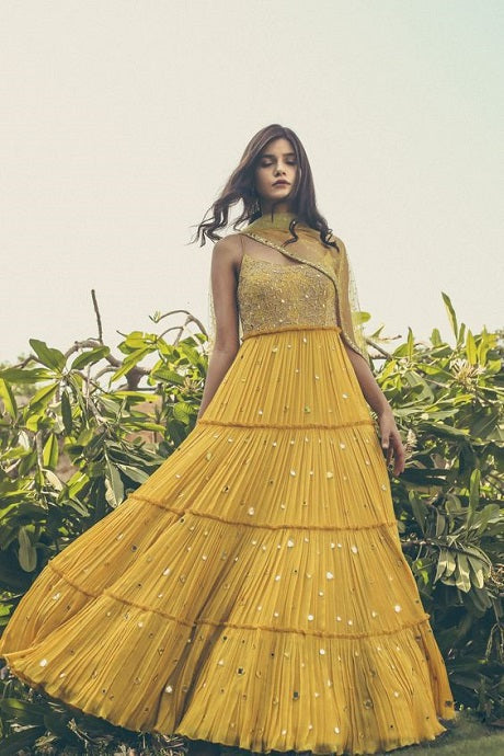 Heavy Work Latest Designer Yellow Pure Georgette Gown