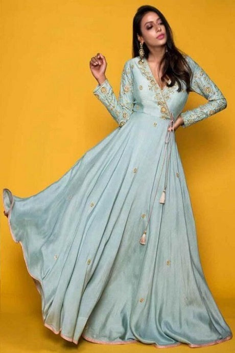 Light Sky Blue Pure Cotton Silk Work Gown For Girls