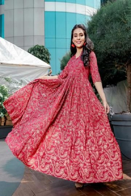 Stylish Red Color Designer Hand Weaving Silk Gown