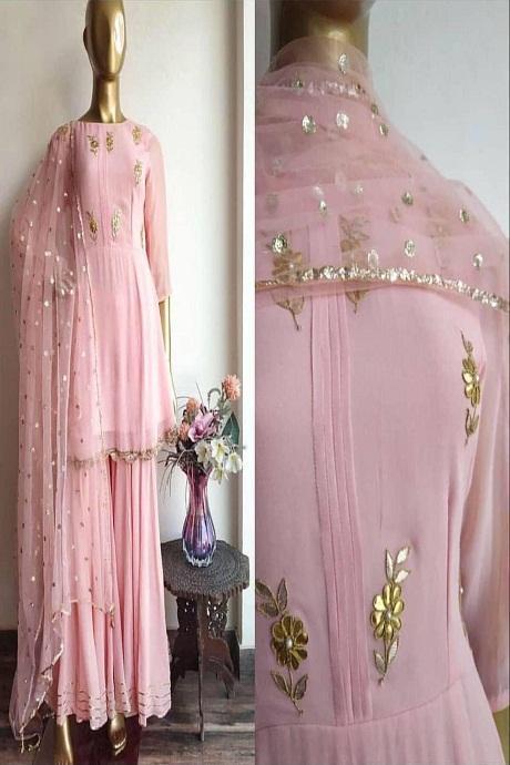 Pink Color Fashionable Designer Georgette Work Sarara Salwar Ladies
