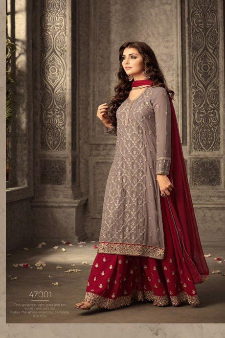 Fashionable Gray Color Heavy Embroidery Work Salwar Suits Designs