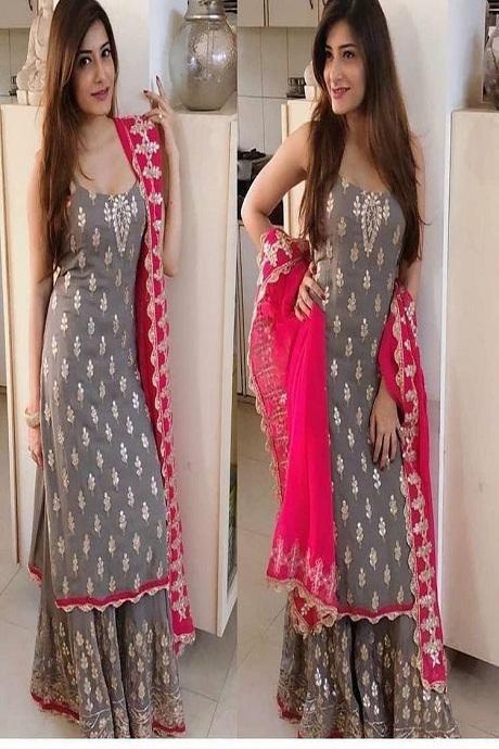 Gray Color Embroidery Work Fancy Trendy Kurti N Plazo