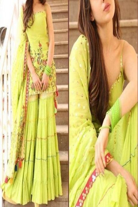 Parrot Green Color Embroidery Work Salwar Suits