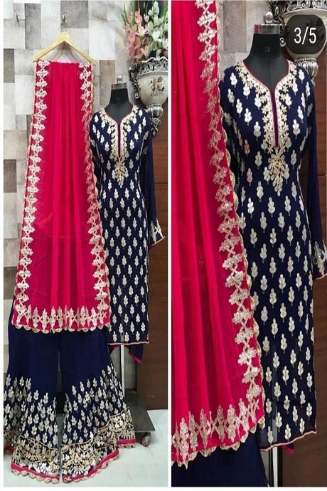 Navy Blue Color Embroidery Work Online Kurti N Plazo