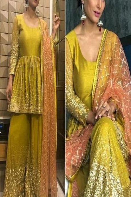 Yellow Color Chicken Work Heavy Kurti N Plazo Set