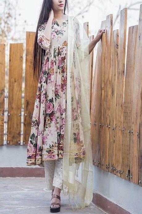 Light Cream Printed Color Kurti N Plazo