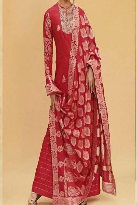 Red Color Occasional Wear Digital Printed Pure Silk Bollywood Kurti Plazzo