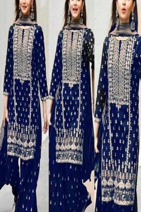 Heavy Embroidery Blue Color Designer Salwar Suits