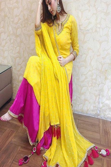 Yellow Color Regular Wear Pure Silk Embroidery Work Salwar Suits