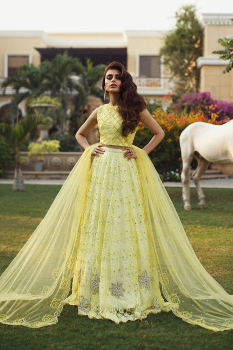 Ready Lgight Leman Color Stylish Printed Lehenga Gown Online