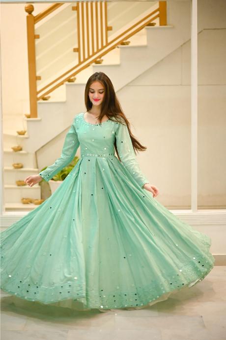 Sky Blue Color Designer Mirror South Silk Gown Dress