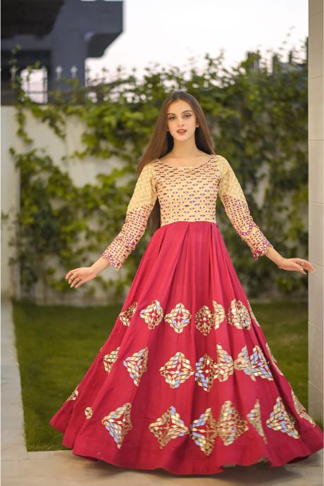 Golden Mirror Work South Silk Embroidery Work Gown Designs