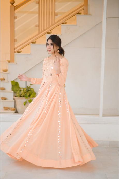 Purple Color Mirror Embroidery Work Gown Dress For Girls