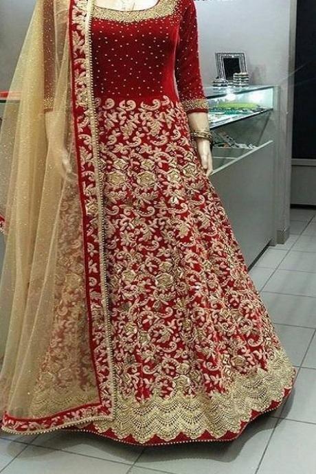 Beautiful Red Color Attractive Festival Wear Velvet Gown