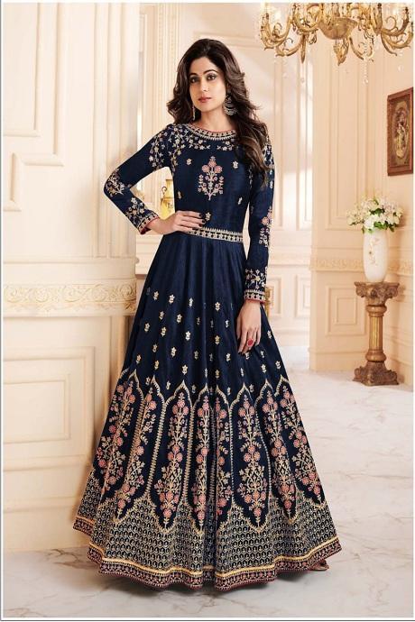 Blissful Navy Blue Color Attractive Designer Silk Gown For Women