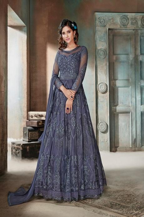 Bewitching Grey Color Attractive Embroidery Thread Work Gown
