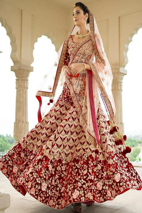 Trendy Embroidery Designer Beautiful Velvet red color Lehenga Choli