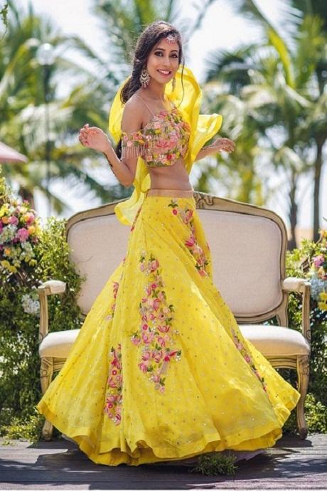 yellow color Embroidery Pure South Silk Jardoshi Work Lehenga Choli Design