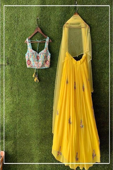 Yellow Color Sabyasachi Embroidery Work Lehenga Choli For Women