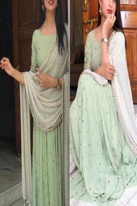 Fashionable Embroidery Green Color Hand Salwar Suits For Girls