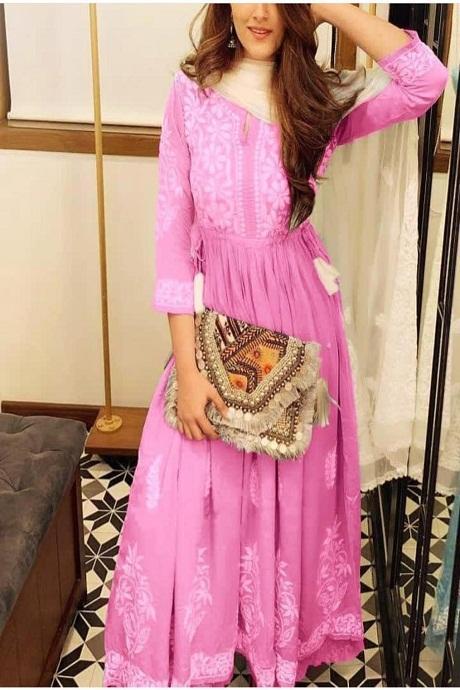 Attractive Pink Color Chikankari Work Gown Suits Collection