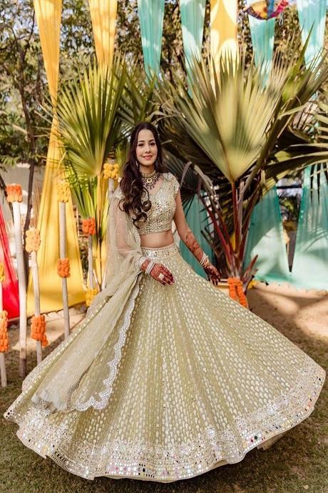 light green Color Party Wear Embroidery Work Wedding Lehenga For Bride