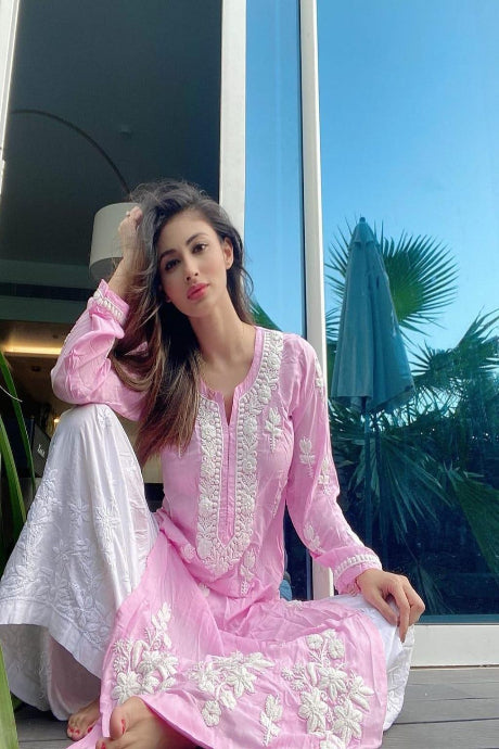 Stylish Pink Color Heavy Chiken Work Anarkali Slwar Plazoo