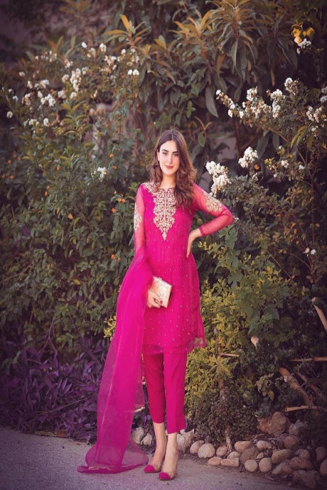 Stylish Soft Satin Rani Color Salwar Suits Designs