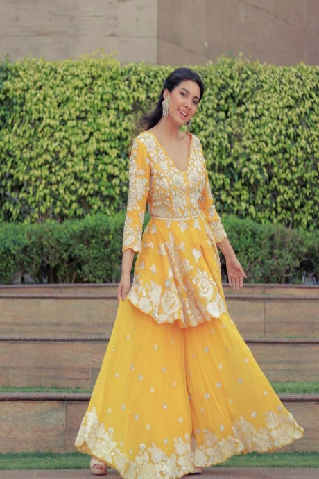 Stylish Soft Zari Silk Yellow Color Anarkali Flared Stylish Gown